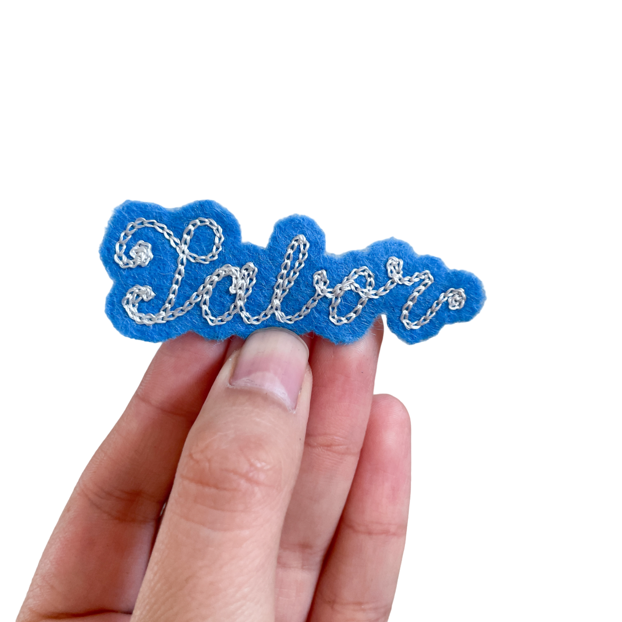 Word Patch Creator Custom Word Patch - Silver on Blue – Long Hand